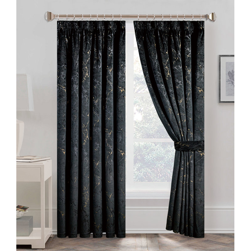 Odele Velvet Semi Sheer Curtain Pair, Width 168 x Drop 229 cm, Black