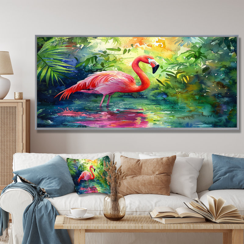 Flamant rose dans la lagune II - flamant rose, art mural, H 28 po x l 60 po, Cadre flottant, Argent argent
