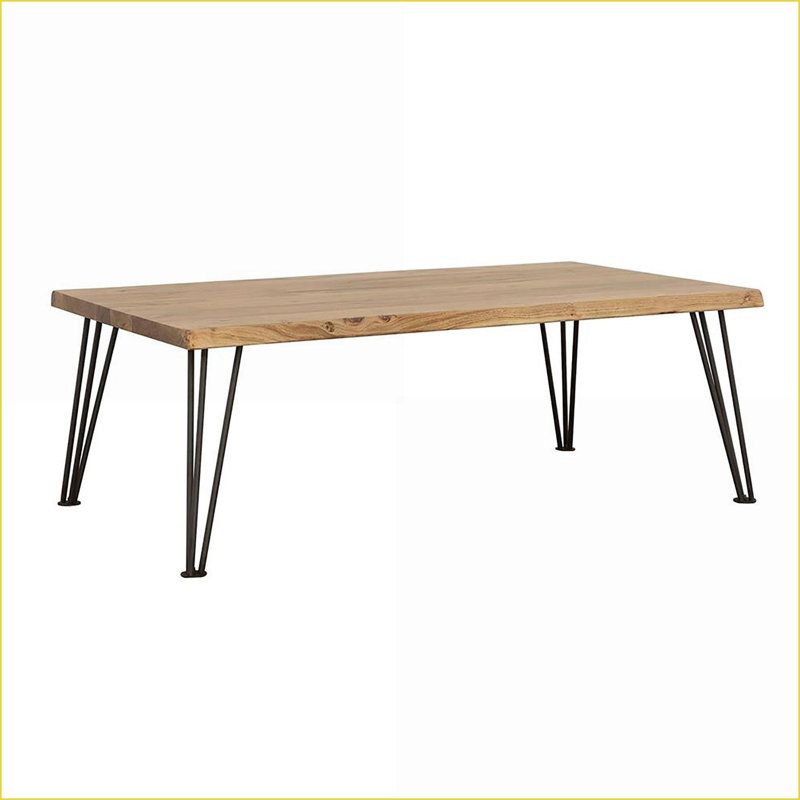 Table basse en bois d'acacia naturel avec pieds en épingle à cheveux noir mat, point focal rustique pour le salon