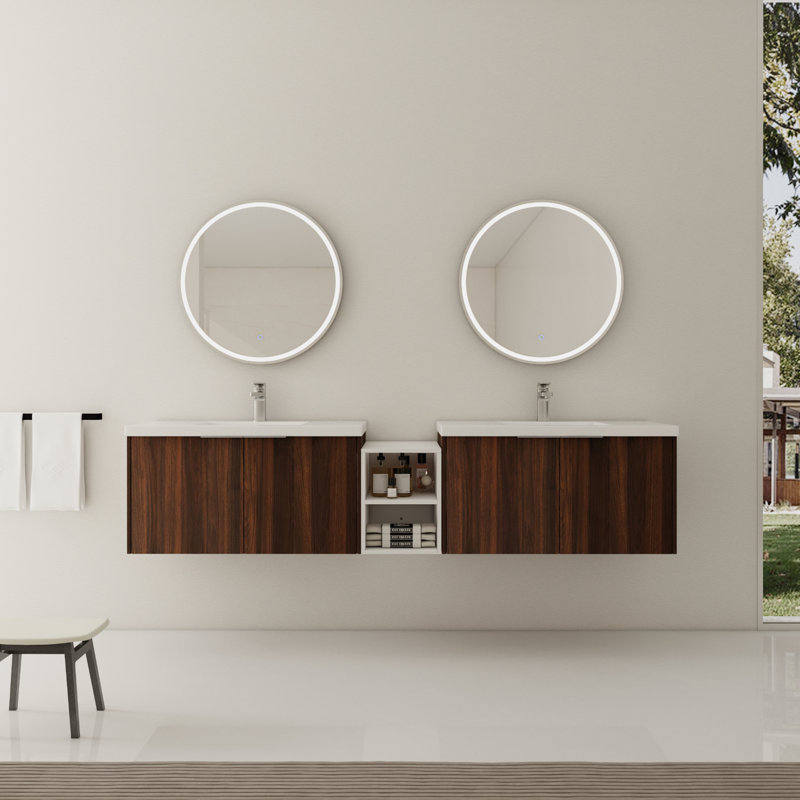 Meuble-lavabo flottant à double paroi avec lavabo en résine blanc, Noyer de Californie