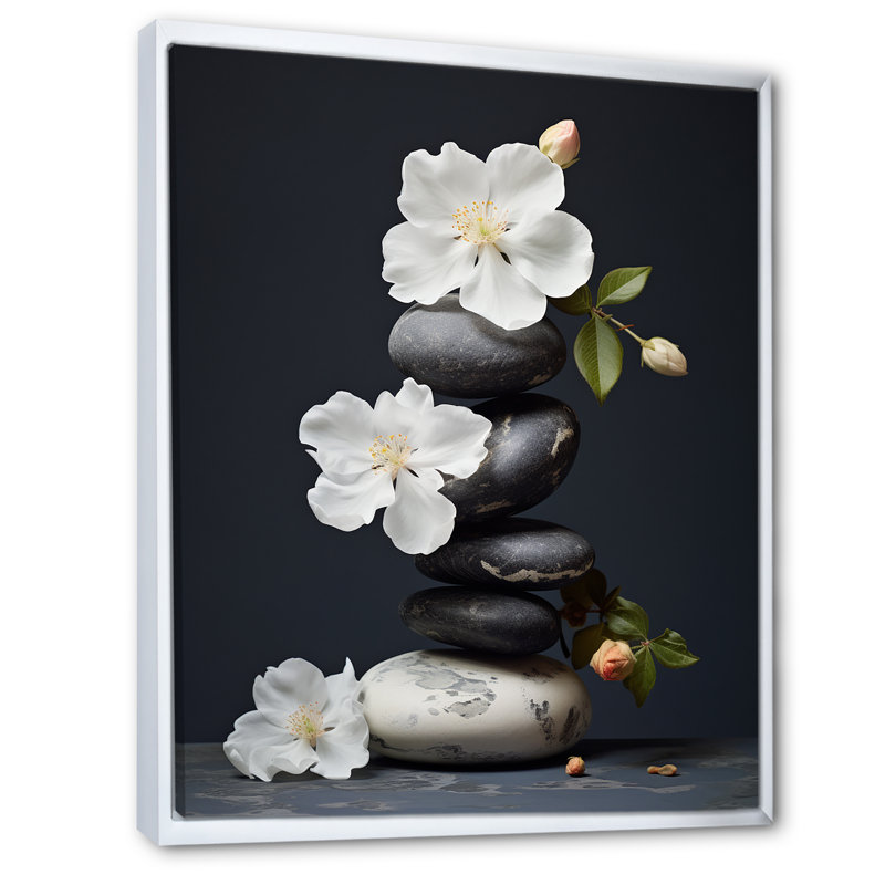 Décoration murale zen sérénité fleurs blanches pierre noire Cairn I - Pierre spirituelle, H 20 po x l 12 po x P 1 po