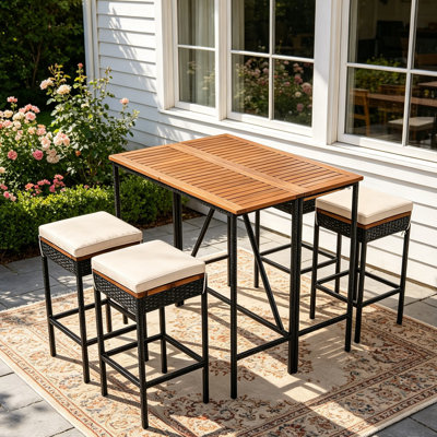 5 Piece Outdoor Bar Height Dining Set with Foldable Table and Cushioned Stools