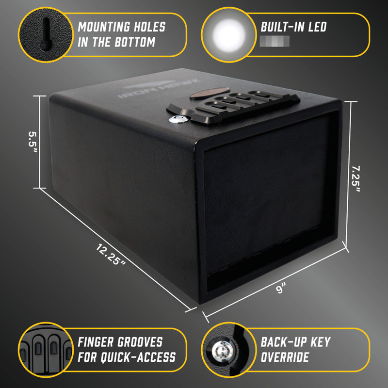 Grand coffre-fort en acier noir mat pour accès rapide - 8,99 po Largeur, poids de 8,59 lb, hauteur de 7,28 po, profondeur de 11,44 po avec profondeur facile,