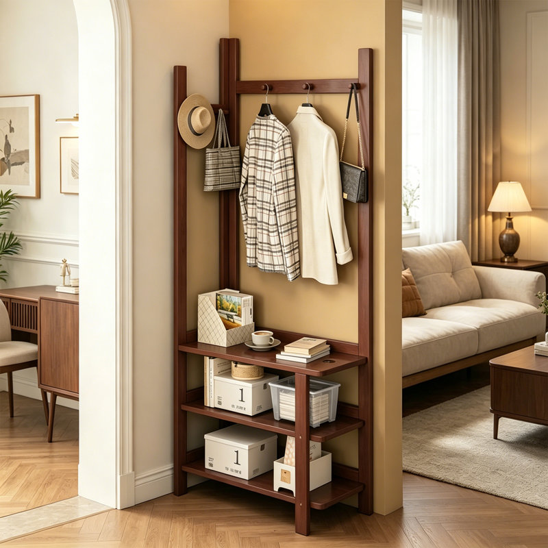 Vintage Solid Wood Hall Tree Rack, Walnut