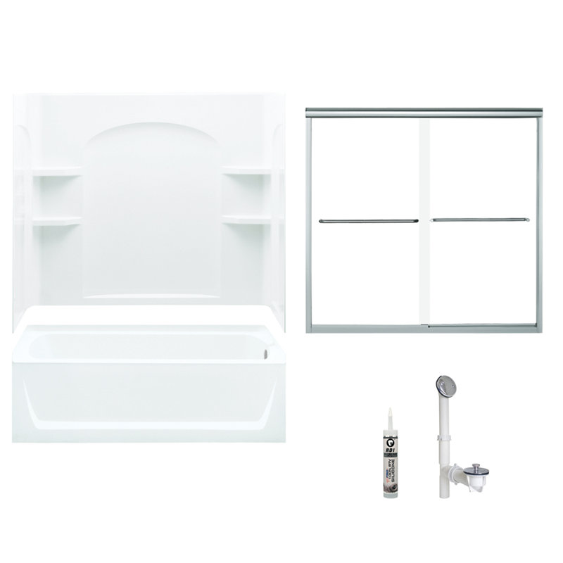 60" W x 74" H Frameless Rectangle Sliding Tub & Shower Kit with Towel Bar and Base Included, Silver, Right