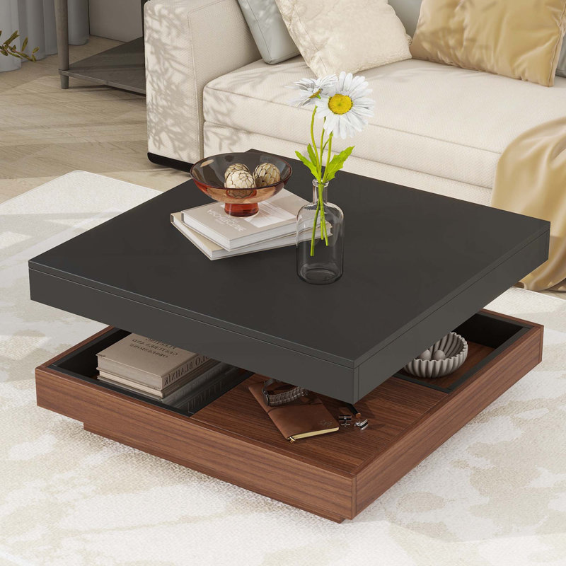 Table basse carrée rotative à 360 ° avec trois plateaux amovibles, Noir
