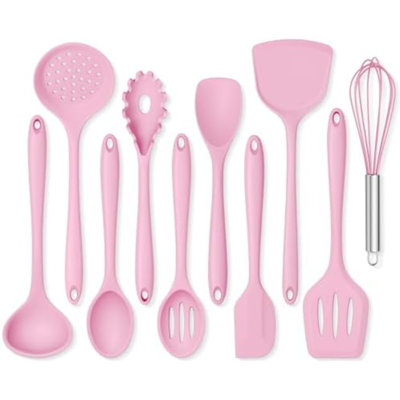 Silicone Cooking Utensils Set, 10 Pieces Kitchen Utensils Set, Pink Kitchen Gadgets Tools Kit for Nonstick Cookware