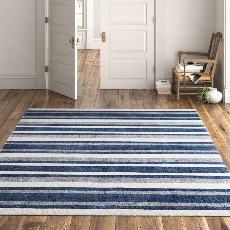 Winston Striped Handmade Tufted Wool Area Rug in Navy/Ivory Rug, Rectangle 8' x 11'