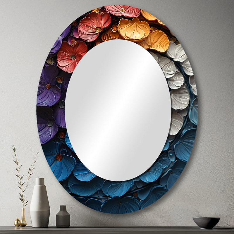 Mauve et bleu Fractal Spiral V - Miroir décoratif abstrait ovale sur métal, 43 po x 33 po