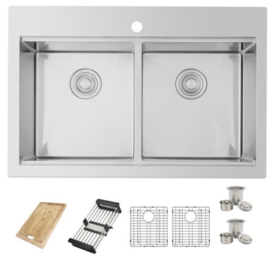 AZUNI Drop-In 31" Double Bowl Stainless Steel Kitchen Sink with Accessories