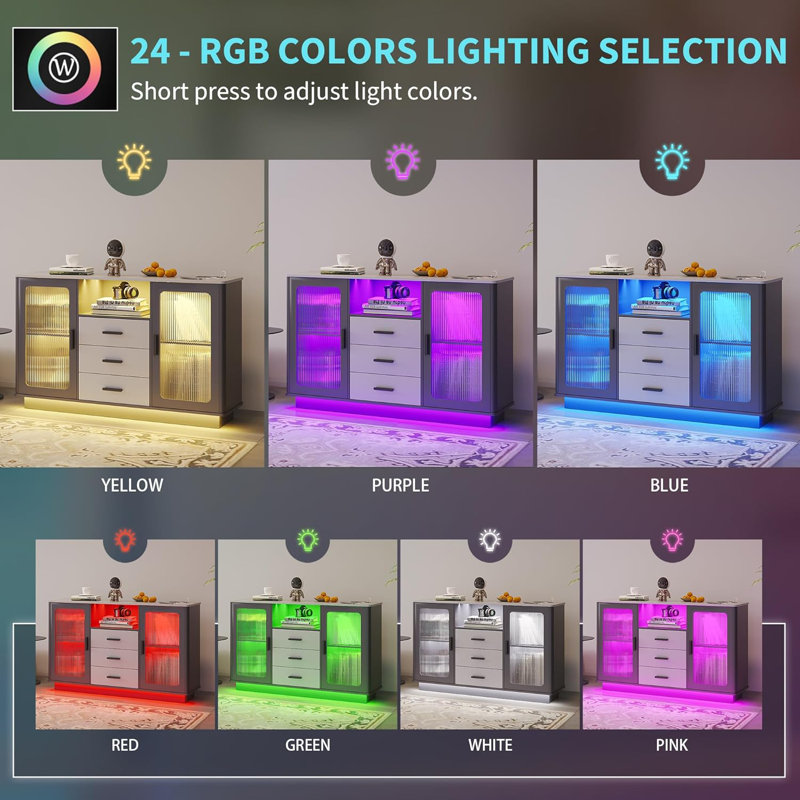 LED Coffee Bars with 24 Colours Lighting, Modern Coffee Station with Motion Sensor, Home Coffee Nook Table for Dining Room, Kitchen Buffer Sideboard with Storage Cabinet (Matte Grey)