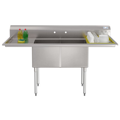Évier commercial de 72 po de calibre 16 avec dosseret et double égouttoir de 18 po, dimensions du bol 18 po x 18 po x 14 po en acier inoxydable (km-SB181814-18B316)
