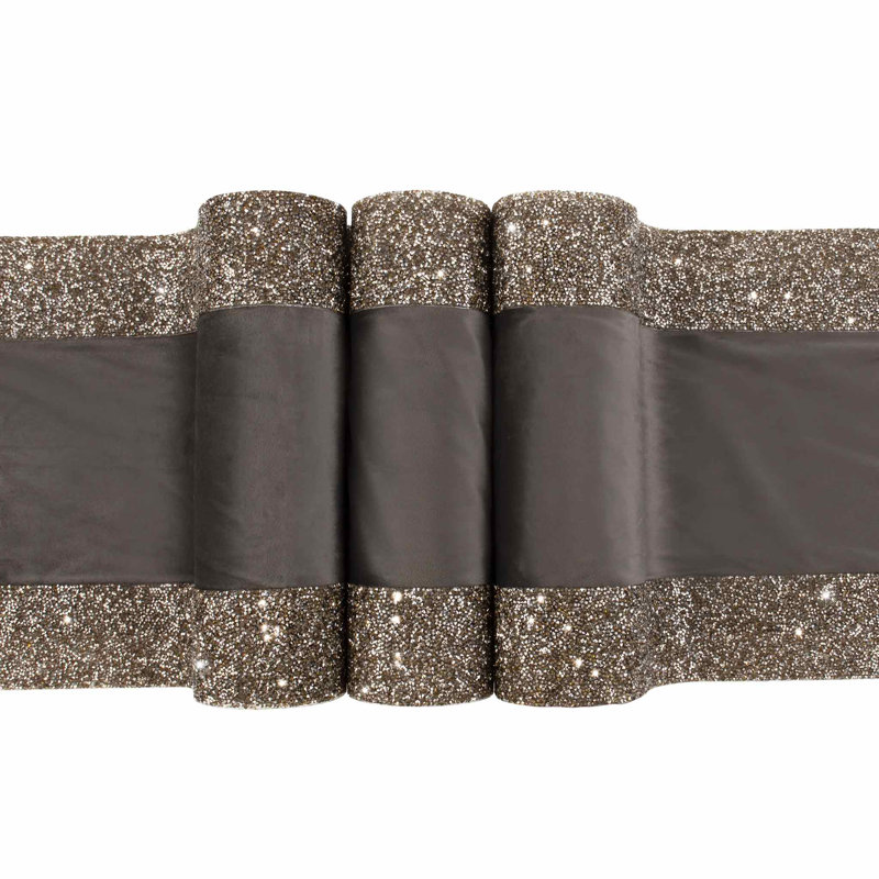 Charcoal Polyester Velvet Table Runner with Rhinestone Border
