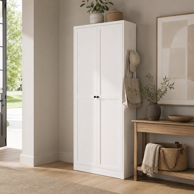 Garde-manger en métal blanc, armoire de rangement haute avec 2 portes, 4 tablettes réglables, tablette à micro-ondes et ancrage mural pour la cuisine, la salle de lavage, la salle de bain et le bureau personnel