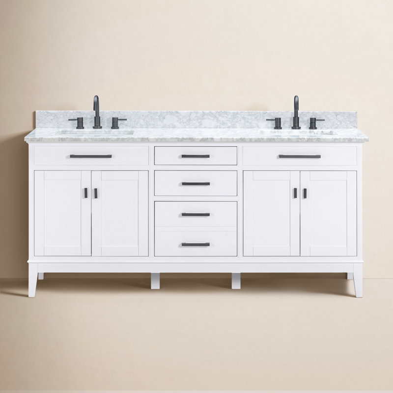 Madison 72" Double Bathroom Vanity Set, White, 61", Cala White Engineered Stone