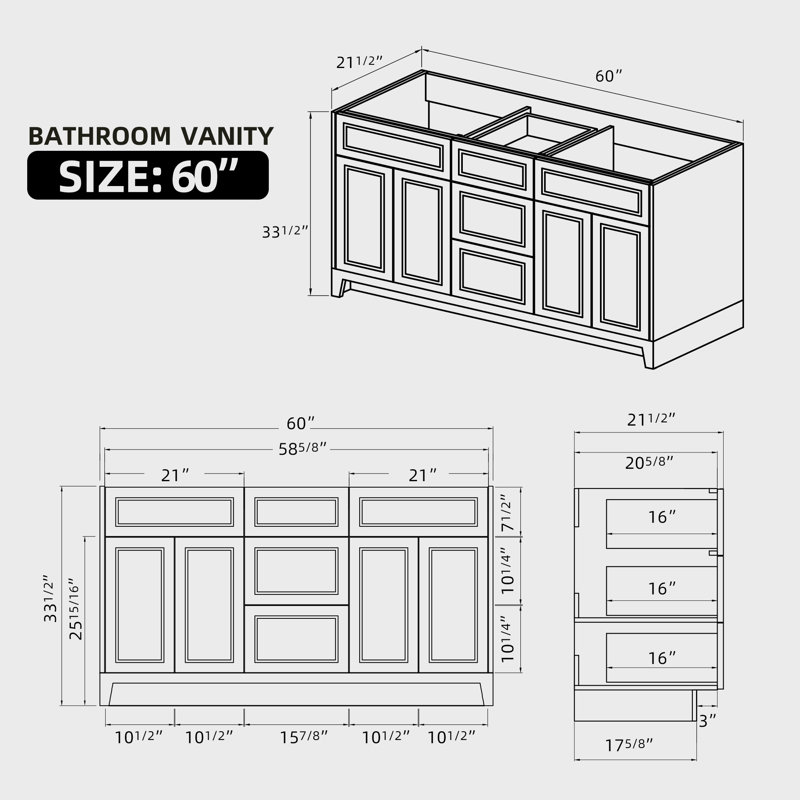 Base de meuble-lavabo double en bois massif 60 po, Gris clair