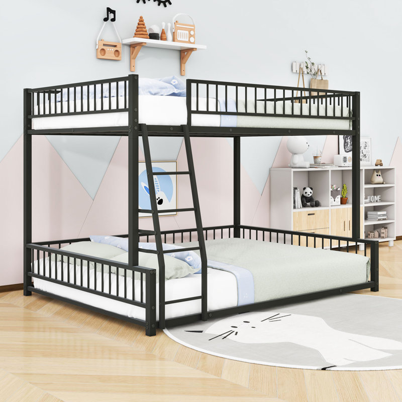 Metal Bunk Bed With Ladder And Guardrails, Black, Full XL over Queen