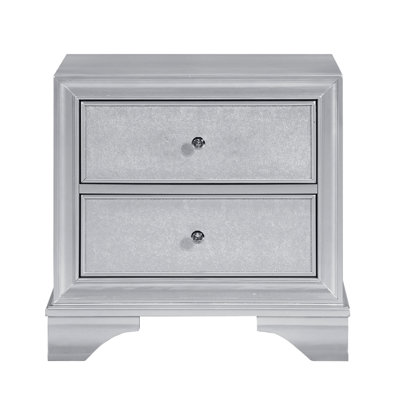 Table de chevet contemporaine à 2 tiroirs Silver Finish, rangement pour chambre à coucher, tiroirs, glissières en métal, table à tons en acrylique moderne pour chambre à coucher, bois et bois d'ingénierie, façade centrale,