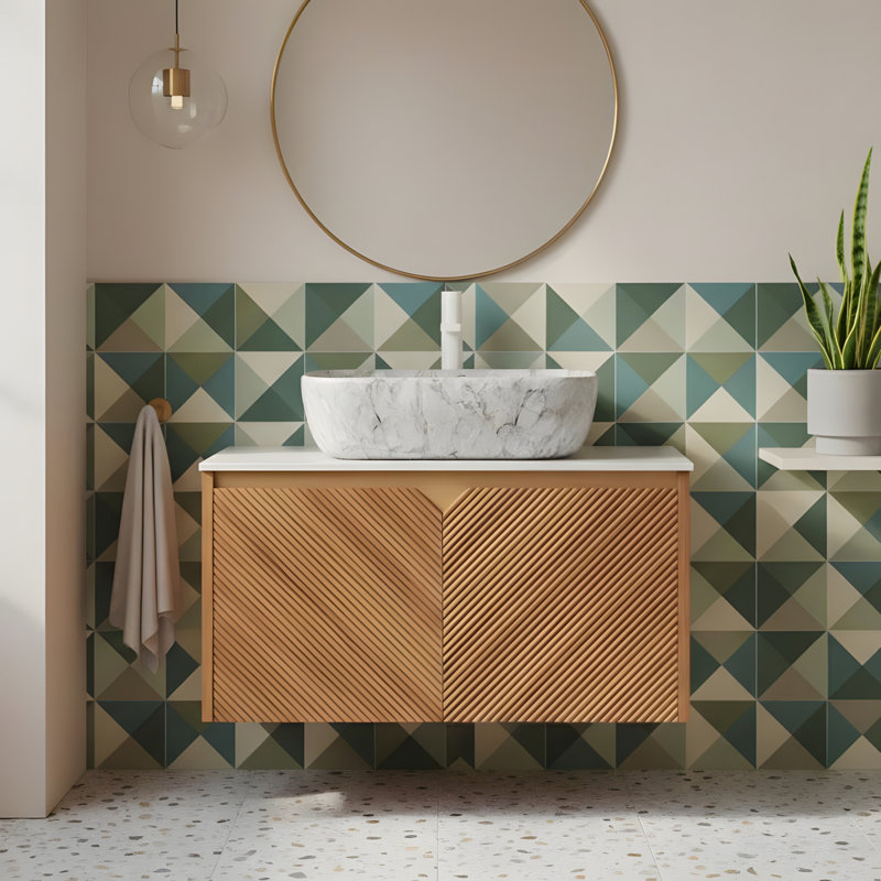 Bathroom vanity and sink, rectangular marble-patterned ceramic basin