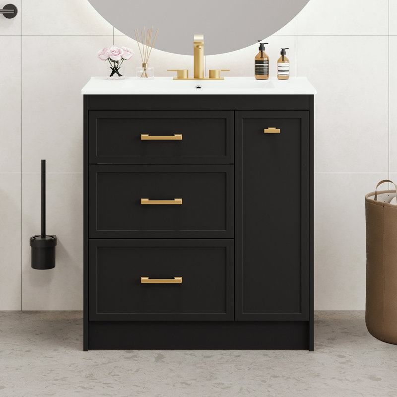 Ensemble de meuble-lavabo avec trois tiroirs et longues poignées, Noir, noir, noir, noir