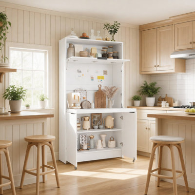 Compact Kitchen Pantry,69''H Buffet with Hutch and Foldable Workstation, Multifunctional Storage Cabinet Cupboard with Adjustable Shelf and Power Outlet for Dining, Living Room, White
