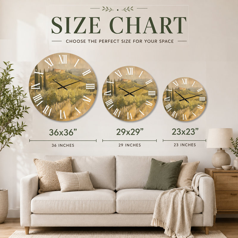 Horloge murale ronde toscane Cypress Hill Estate, imprimée sur bois, Grand