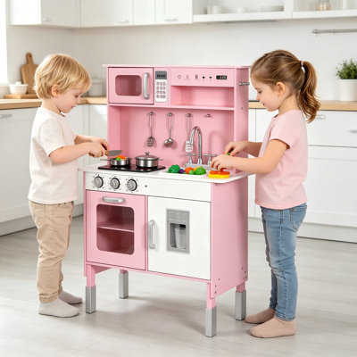 Qaba Pink Wooden Play Kitchen for Kids, Pretend Toy Set with Real Lights & Sounds, Microwave, Oven, Clicking Knobs, Food & Cookware – Gift for Toddlers Ages 3-8