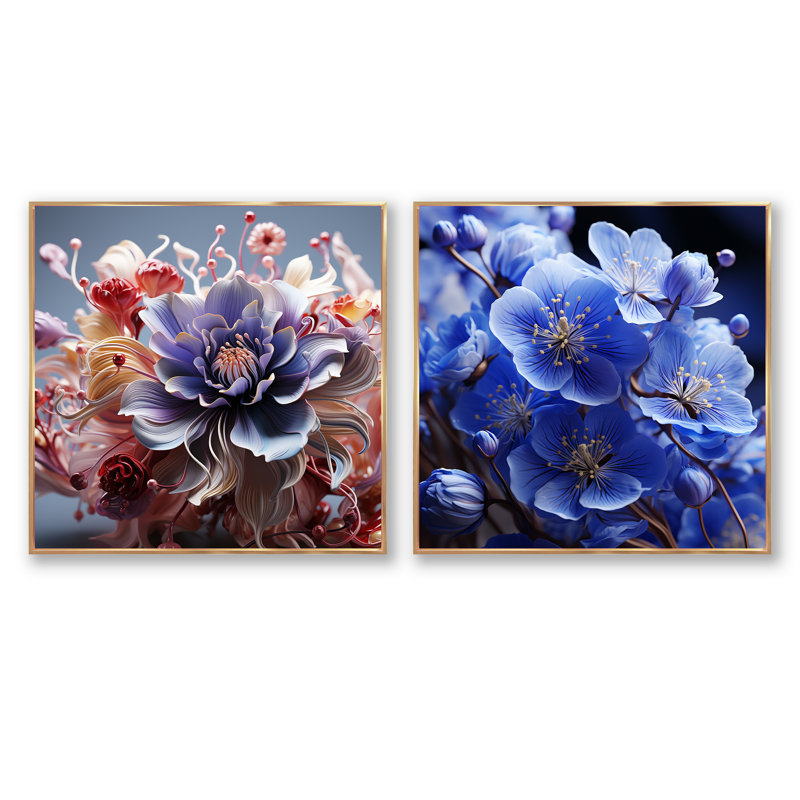Abstract Floral Whispers - Ensemble de 2 collages carrés violets, Cadre flottant doré, H 36 po x l 73 po