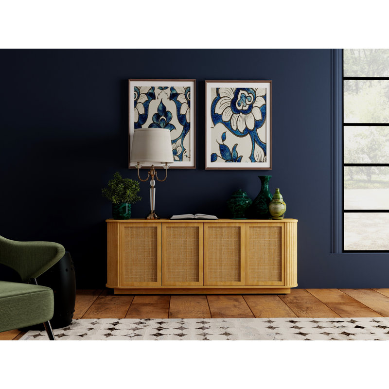 64-Inch Wave Shaped Sideboard With Rattan Doors, 24" H x 64" W x 15" D