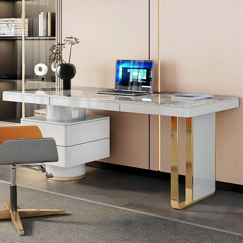 Bureau moderne moderne en tôle de roche blanche avec armoire, 29.53"H*55.12"W*27.56"D, Gauche