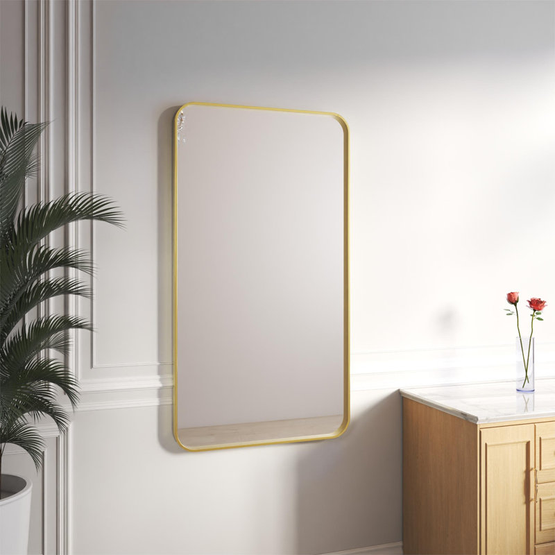 Élégant miroir encadré en aluminium avec coin arrondi pour une décoration intérieure élégante, Or brossé, 55 po x 30 po