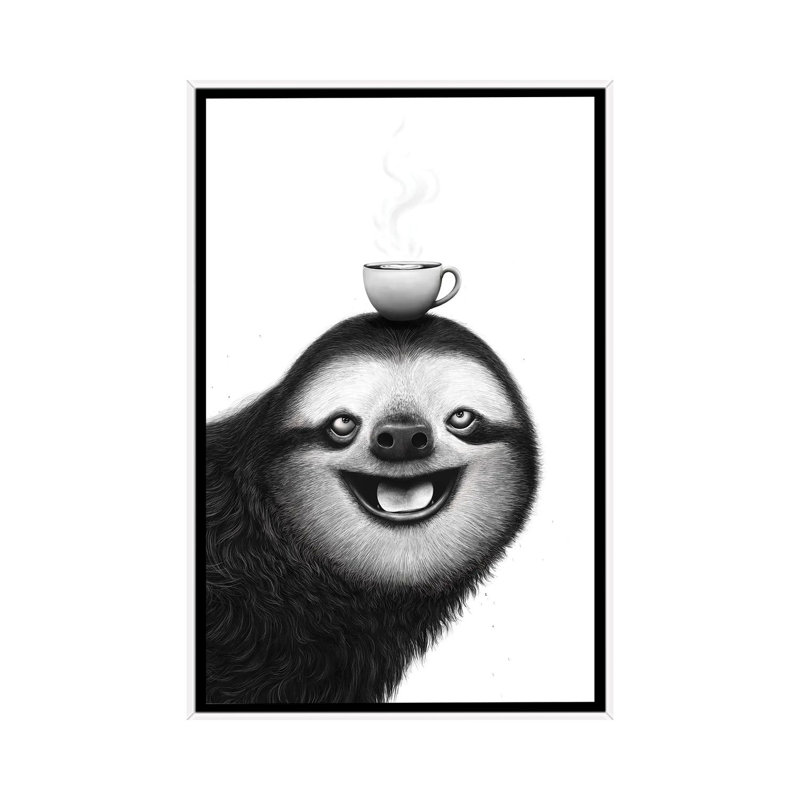 Paresseux avec cappuccino - reproduction d'art murale - toile encadrée, 48" x 32", Toile avec cadre, White