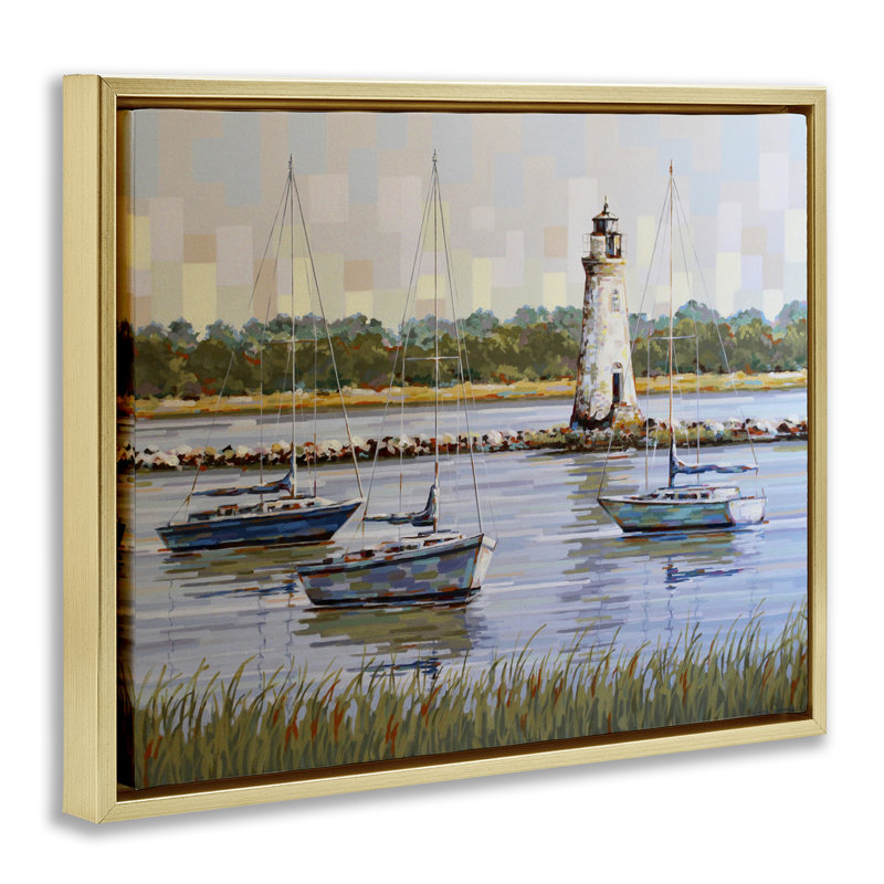 «The Watcher Cockspur Lighthouse Floater», art mural par Linda Sperruche, H 17 po x l 21 po, Cadre flottant gris lustré