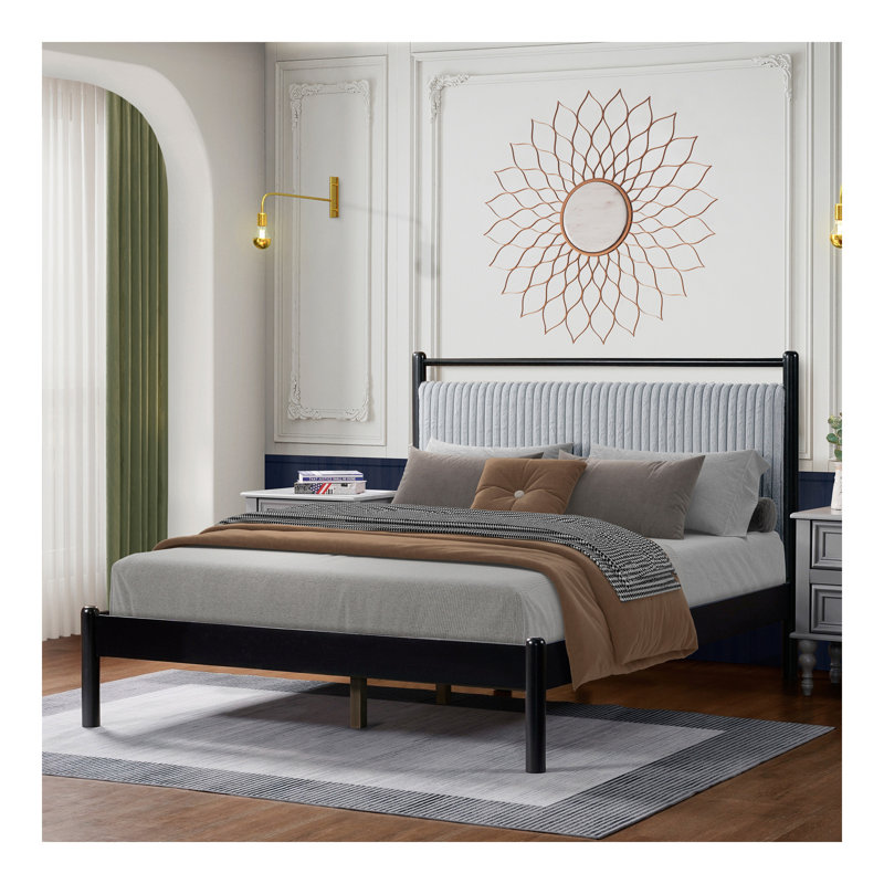 Structure de lit double en bois avec tête de lit moelleuse, cadre gris et noir, Lit double