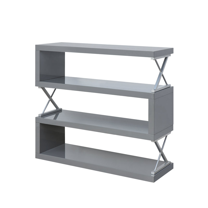 Telma Geometric Display Bookcase with Open Back, (3 Shelves) 41.38'' H x 47'' W x 15.5" D, Glossy Gray