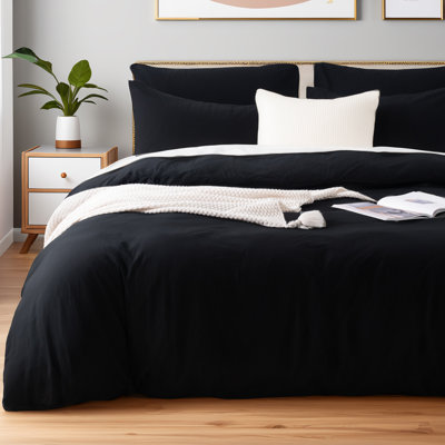 NEXHOME PRO Queen Duvet Cover Set  100% Certified Organic Cotton with Washed Feel & Linen-Like Texture, Comfortable & Breathable, Home Bedding Set Black (No Comforter)