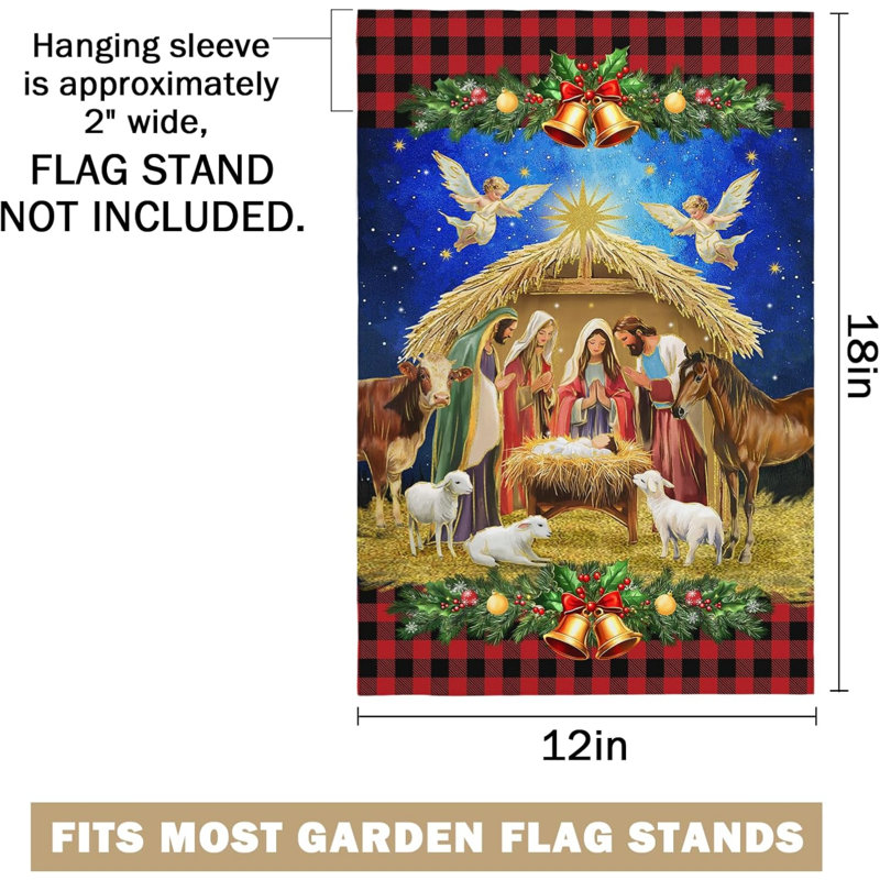 Drapeau de jardin « Joyeux Noël » 30 x 45 cm, double face, motif Nativité, pour la décoration extérieure de votre jardin ou de votre maison de campagne pendant les fêtes de Noël.