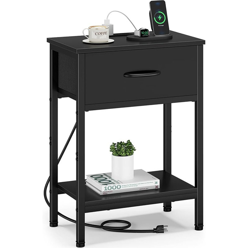 Table de chevet noire avec station de charge, table de bout avec tiroir en tissu, petite table d'appoint avec tablettes de rangement à 2 niveaux, table de chevet de 25,4 po de hauteur, table de chevet noire pour chambre à coucher, salon, dortoir
