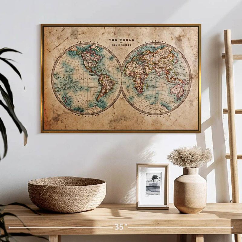 Hemisphere Map, 25" X 17", Floating Frame Gold