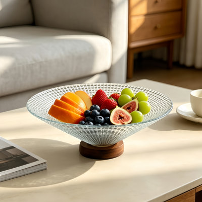 Textured Clear Glass Fruit Bowl with Wooden Base, Wide Flared Conical Decorative Serving Bowl, Modern Large Glass Centerpiece Bowl for Kitchen Countertops, Bathroom Vanities, and Entryway Key Trays, Decorative Candy and Snack Display Bowl for Home Table