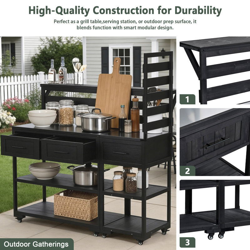 65‘’H Outdoor Patio Solid Wood Kitchen Island, Black