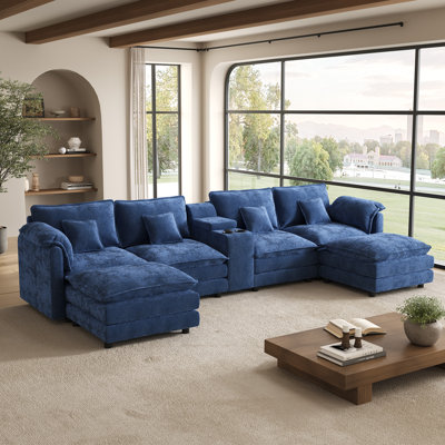 Oversized Chenille U Shaped Sectional Sofa With Double Chaises USB Console And Ottomans