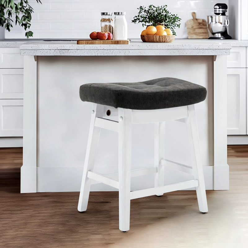 24" Solid Wood Saddle Bar Stools Ideal for Kitchen Island and Counter, PU Leather Gray Seat / White Frame