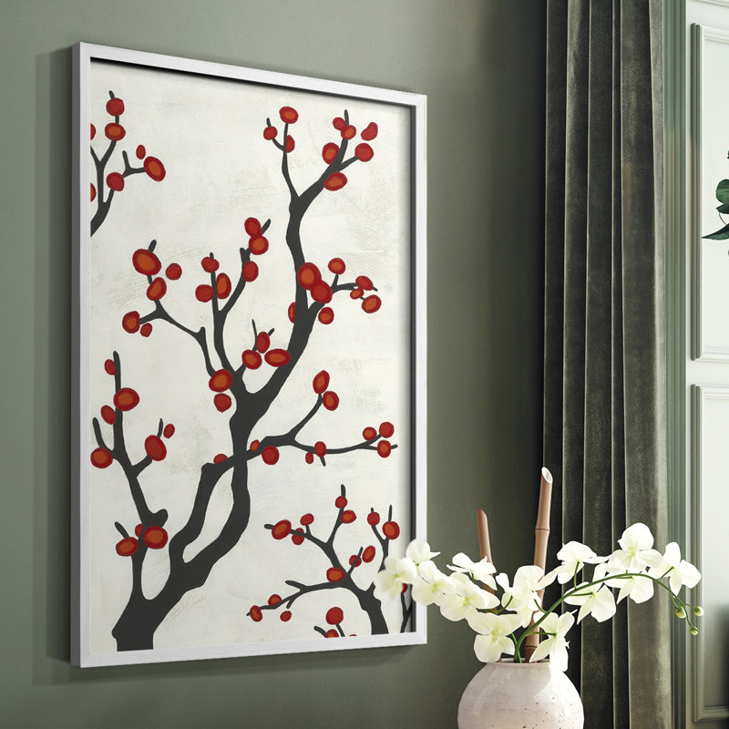 «Red Berry Branch I», reproduction encadrée - bois massif, Blanc, H 14 po x l 11 po