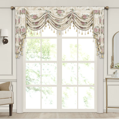 Floral Swag Valance with Tassels, Beige Jacquard Waterfall Valance, Window Treatment 1 Panel