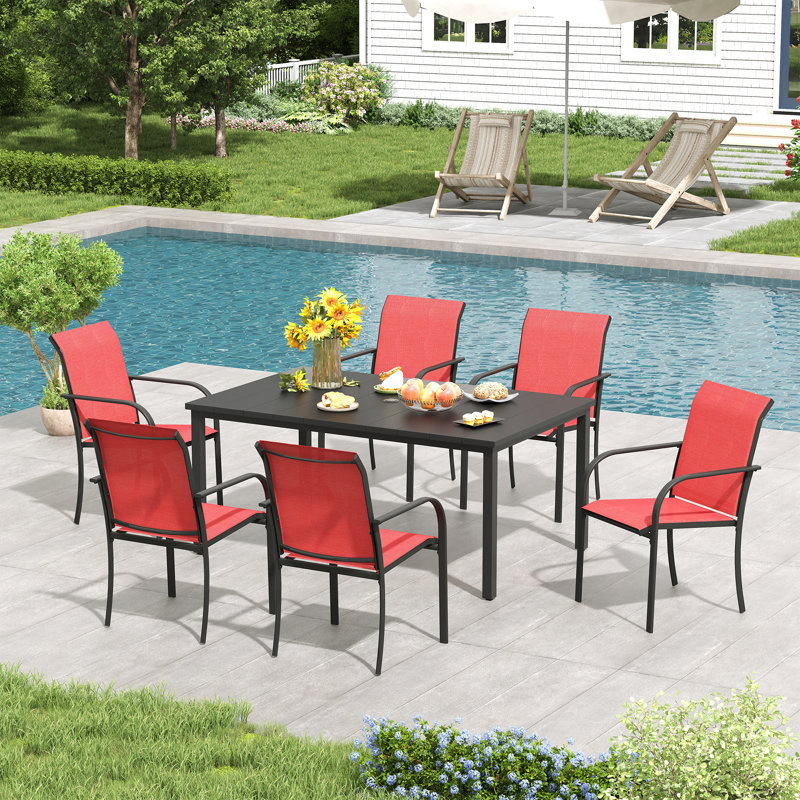 6-Person Outdoor Rectangular Dining Set, Black/Red