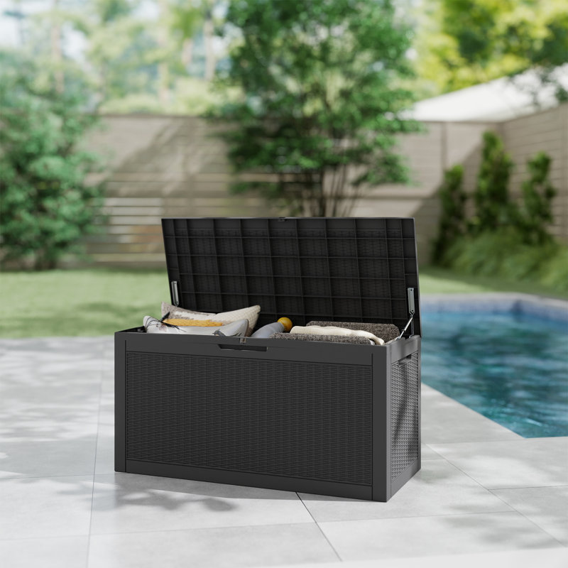 Boîte de rangement verrouillable en résine résistante à l'eau 100 gallons Yardgrace (style rotin), Noir