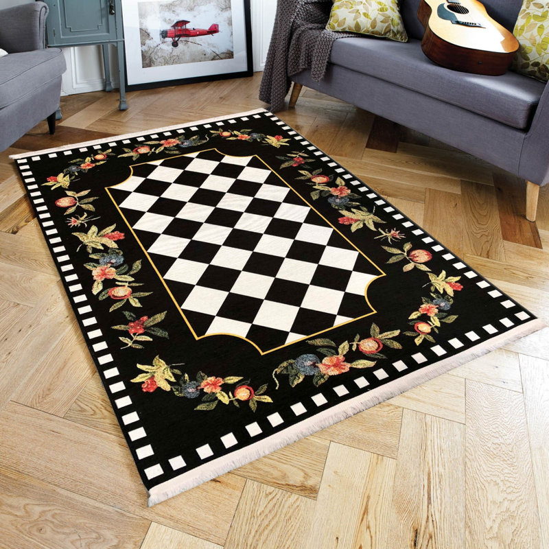 Tapis en coton tissé à la machine Edriel en noir / blanc / rose, Rectangle 4 pi 11 po x 7 pi 7 po