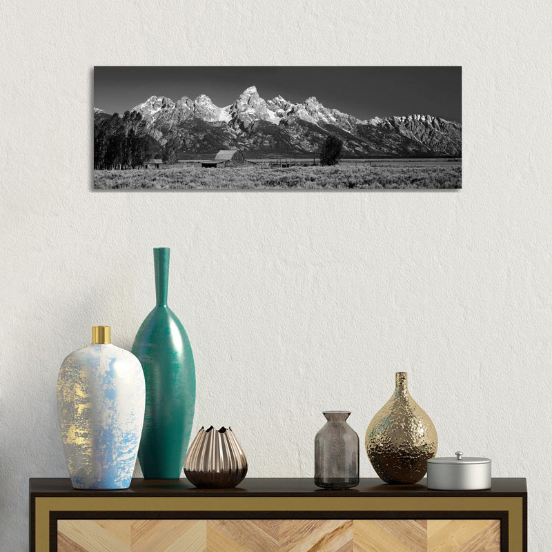 Barn On Plain Before Mountains, Grand Teton National Park, Wyoming, USA by Panoramic Images - Wrapped Canvas Panoramic Print