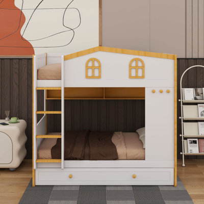 Lit superposé avec garde-corps en forme de maison et lit gigogne, lit superposé en bois avec tablettes de rangement